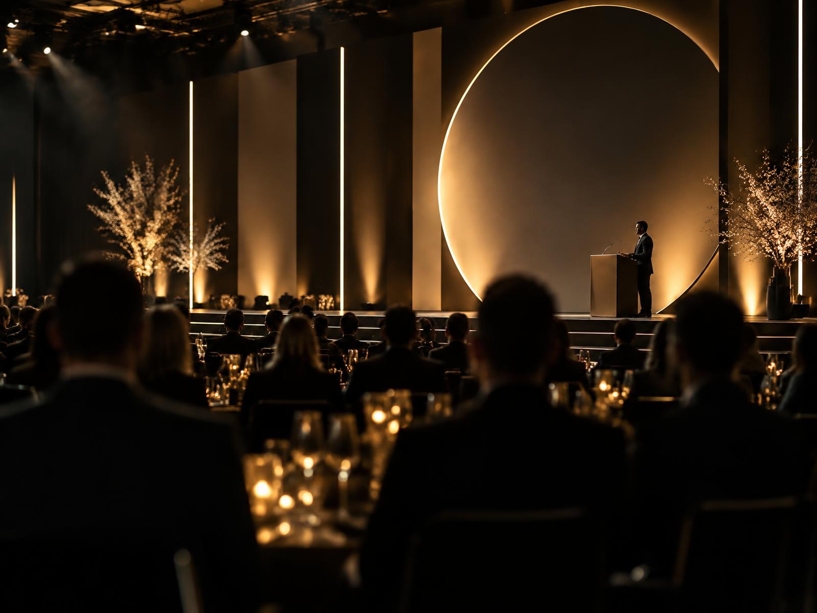 Evento corporativo con iluminación cálida